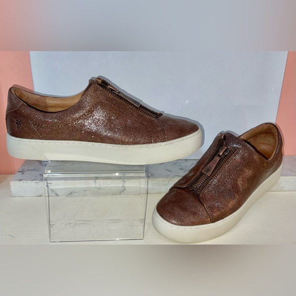 FRYE Lena Low Zip Multi Metallic Brown Leather Zip Sneakers 9M Worn 3 Times wBox - Picture 14 of 16